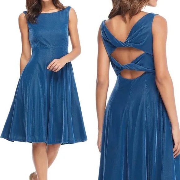 Gal Meets Glam Christine Dress Blue Velvet Sleeveless Cutout Back 4 - Picture 1 of 10
